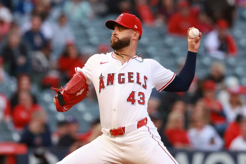 Apr 26, 2024; Anaheim, California, USA;  Los Angeles Angels pitcher Patrick Sandoval (43) pitches during the first inning against the Minnesota Twins at Angel Stadium. Mandatory Credit: Kiyoshi Mio-USA TODAY Sports