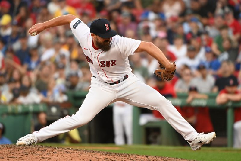 Aug 26, 2023; Boston, Massachusetts, USA;  Boston Red Sox relief pitcher John Schreiber (46) pitches during the ninth inning against the Los Angeles Dodgers at Fenway Park. Mandatory Credit: Bob DeChiara-USA TODAY Sports