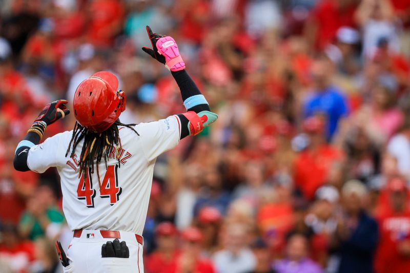 Aug 12, 2024; Cincinnati, Ohio, USA; Cincinnati Reds shortstop Elly De La Cruz (44) reacts after hitting a solo home run in the third inning against the St. Louis Cardinals at Great American Ball Park. Mandatory Credit: Katie Stratman-USA TODAY Sports