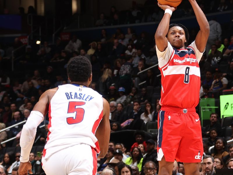 WASHINGTON, DC -? NOVEMBER 17:  Bub Carrington #8 of the Washington Wizards shoots the ball during the game against the Detroit Pistons on November 17, 2024 at Capital One Arena in Washington, DC. NOTE TO USER: User expressly acknowledges and agrees that, by downloading and or using this Photograph, user is consenting to the terms and conditions of the Getty Images License Agreement. Mandatory Copyright Notice: Copyright 2024 NBAE (Photo by Kenny Giarla/NBAE via Getty Images)