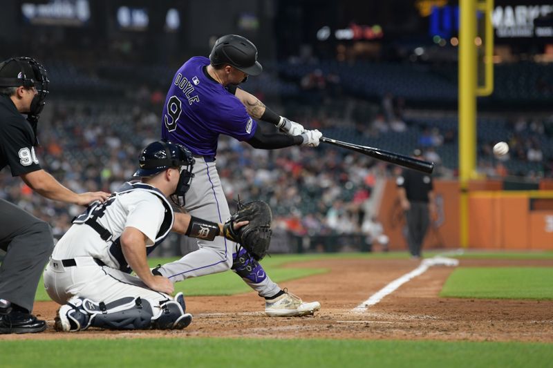 Sep 11, 2024; Detroit, Michigan, USA; Colorado Rockies center fielder Brenton Doyle (9) hits an RBI single against the Detroit Tigers in the fifth inning at Comerica Park. Mandatory Credit: Lon Horwedel-Imagn Images