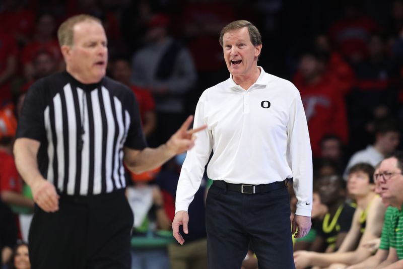 Feb 2, 2023; Tucson, Arizona, USA; Oregon Ducks head coach Dana Altman reacts on the sidelines in the first hall at McKale Center. Mandatory Credit: Zachary BonDurant-USA TODAY Sports