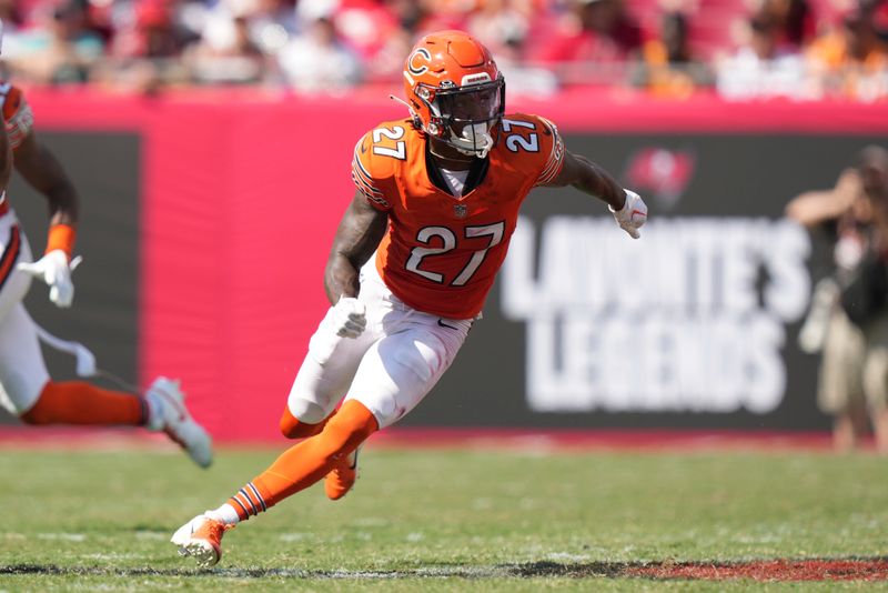 Chicago Bears cornerback Greg Stroman Jr. (27) adjusts to the ball carrier during an NFL football game against the Tampa Bay Buccaneers, Sunday, Sept. 17, 2023, in Tampa, Fla. (AP Photo/Peter Joneleit)