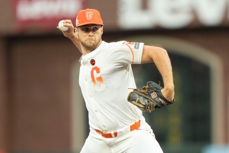 Sep 10, 2024; San Francisco, California, USA;  San Francisco Giants pitcher Landen Roupp (65) pitches during the first inning against the Milwaukee Brewers at Oracle Park. Mandatory Credit: Stan Szeto-Imagn Images