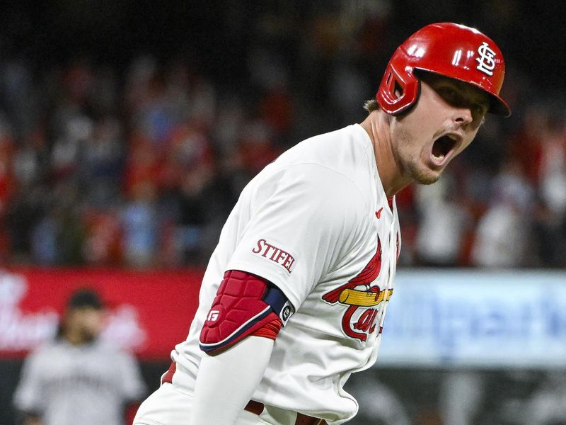 Apr 22, 2024; St. Louis, Missouri, USA;  St. Louis Cardinals second baseman Nolan Gorman (16) reacts after hitting a walk-off two run home run against the Arizona Diamondbacks during the ninth inning at Busch Stadium. Mandatory Credit: Jeff Curry-USA TODAY Sports