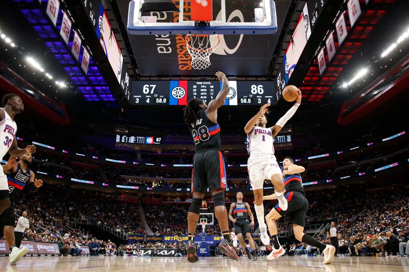 DETROIT, MI - NOVEMBER 30:  KJ Martin #1 of the Philadelphia 76ers shoots the ball during the game against the Detroit Pistons  during a regular season game on November 30, 2024 at Little Caesars Arena in Detroit, Michigan. NOTE TO USER: User expressly acknowledges and agrees that, by downloading and/or using this photograph, User is consenting to the terms and conditions of the Getty Images License Agreement. Mandatory Copyright Notice: Copyright 2024 NBAE (Photo by Brian Sevald/NBAE via Getty Images)