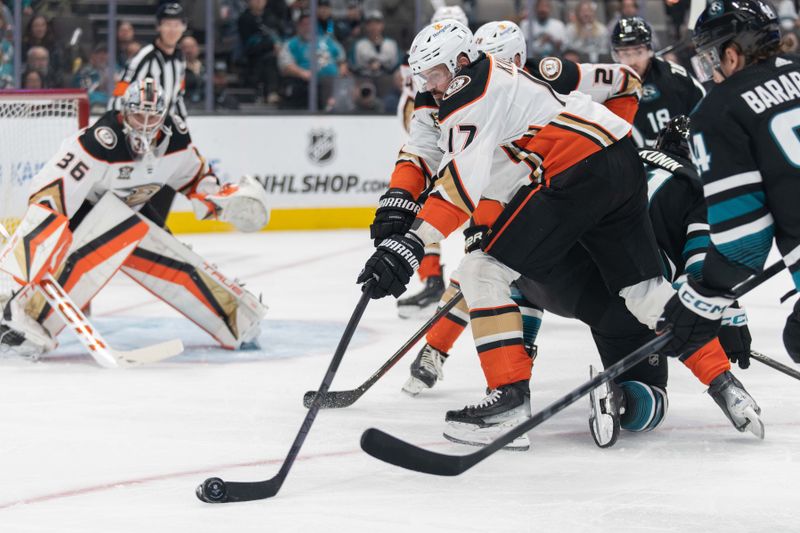 Feb 29, 2024; San Jose, California, USA;  Anaheim Ducks left wing Alex Killorn (17) controls the puck during the second period against the San Jose Sharks at SAP Center at San Jose. Mandatory Credit: Stan Szeto-USA TODAY Sports