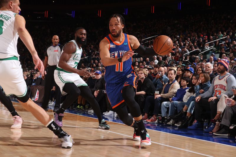 NEW YORK, NY - FEBRUARY 24: Jalen Brunson #11 of the New York Knicks dribbles the ball during the game against the Boston Celtics on February 24, 2024 at Madison Square Garden in New York City, New York.  NOTE TO USER: User expressly acknowledges and agrees that, by downloading and or using this photograph, User is consenting to the terms and conditions of the Getty Images License Agreement. Mandatory Copyright Notice: Copyright 2024 NBAE  (Photo by Nathaniel S. Butler/NBAE via Getty Images)