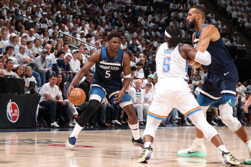 MINNEAPOLIS, MN - MAY 24: Anthony Edwards #5 of the Minnesota Timberwolves handles the ball during the game against the Oklahoma City Thunder during Game Three of the Western Conference Finals on May 24, 2025 at Target Center in Minneapolis, Minnesota. NOTE TO USER: User expressly acknowledges and agrees that, by downloading and or using this Photograph, user is consenting to the terms and conditions of the Getty Images License Agreement. Mandatory Copyright Notice: Copyright 2025 NBAE (Photo by David Sherman/NBAE via Getty Images)