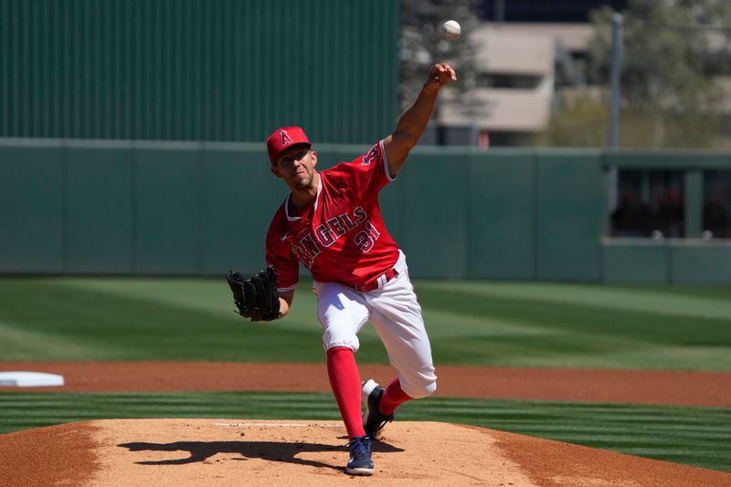 Mar 20, 2024; Tempe, Arizona, USA; Los Angeles Angels starting pitcher Tyler Anderson (31) throws a pitch against the San Francisco Giants in the first inning at Tempe Diablo Stadium. Mandatory Credit: Rick Scuteri-USA TODAY Sports