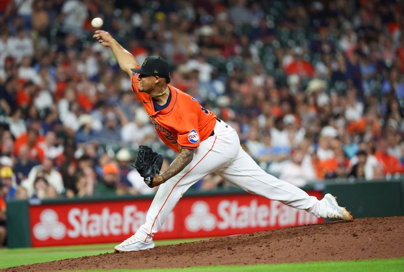 May 17, 2024; Houston, Texas, USA; Houston Astros relief pitcher Bryan Abreu (52) pitches against the Milwaukee Brewers in the eighth inning at Minute Maid Park. Mandatory Credit: Thomas Shea-USA TODAY Sports