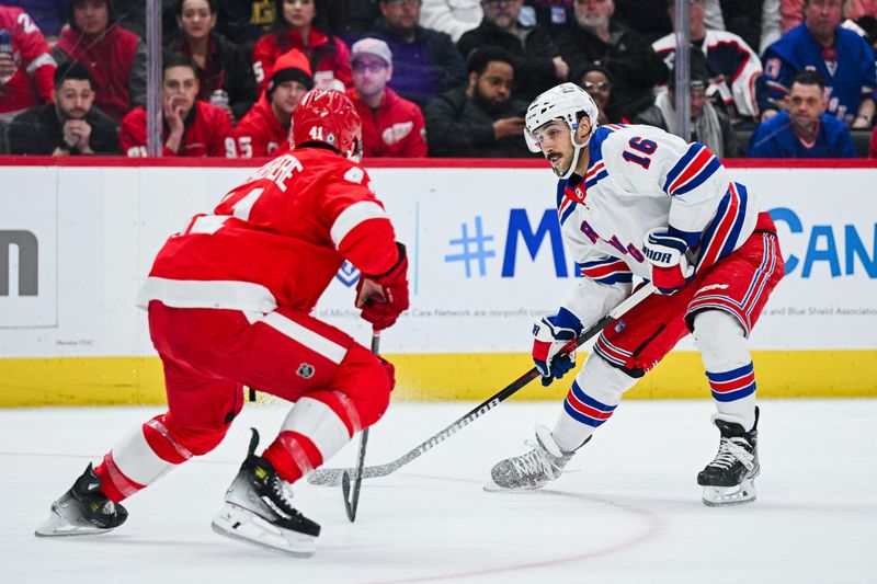 Apr 5, 2024; Detroit, Michigan, USA; New York Rangers center Vincent Trocheck (16) brings the puck up ice as Shayne Gostisbehere (41) defends during the third period at Little Caesars Arena. Mandatory Credit: Tim Fuller-USA TODAY Sports