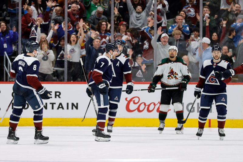 Feb 18, 2024; Denver, Colorado, USA; Colorado Avalanche defenseman Devon Toews (7) reacts after his goal in the third period against the Arizona Coyotes at Ball Arena. Mandatory Credit: Isaiah J. Downing-USA TODAY Sports