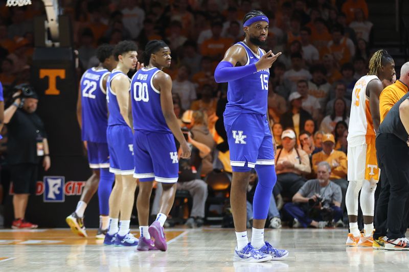 Jan 28, 2025; Knoxville, Tennessee, USA; Kentucky Wildcats forward Ansley Almonor (15) checks with the bench during the second half against the Tennessee Volunteers at Thompson-Boling Arena at Food City Center. Mandatory Credit: Randy Sartin-Imagn Images