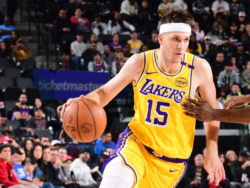 INGLEWOOD, CA - FEBRUARY 4: Austin Reaves #15 of the Los Angeles Lakers dribbles the ball during the game against the LA Clippers on February 4, 2025 at Intuit Dome in Los Angeles, California. NOTE TO USER: User expressly acknowledges and agrees that, by downloading and/or using this Photograph, user is consenting to the terms and conditions of the Getty Images License Agreement. Mandatory Copyright Notice: Copyright 2025 NBAE (Photo by Adam Pantozzi/NBAE via Getty Images)