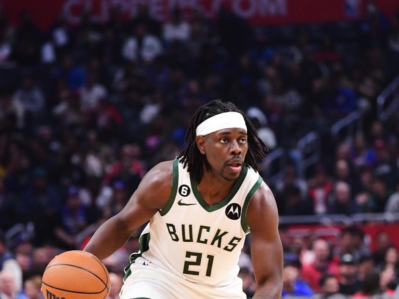 LOS ANGELES, CA - FEBRUARY 10: Jrue Holiday #21 of the Milwaukee Bucks dribbles the ball during the game against the LA Clippers on February 10, 2023 at Crypto.Com Arena in Los Angeles, California. NOTE TO USER: User expressly acknowledges and agrees that, by downloading and/or using this Photograph, user is consenting to the terms and conditions of the Getty Images License Agreement. Mandatory Copyright Notice: Copyright 2023 NBAE (Photo by Adam Pantozzi/NBAE via Getty Images)