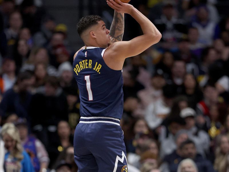 DENVER, COLORADO - FEBRUARY 22: Michael Porter Jr. #1 of the Denver Nuggets puts up a shot against the Washington Wizards in the first quarter at Ball Arena on February 22, 2024 in Denver, Colorado. NOTE TO USER: User expressly acknowledges and agrees that, by downloading and or using this photograph, User is consenting to the terms and conditions of the Getty Images License Agreement. (Photo by Matthew Stockman/Getty Images)