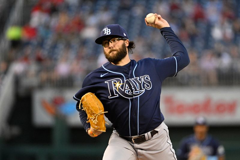 Apr 4, 2023; Washington, District of Columbia, USA; Tampa Bay Rays starting pitcher Josh Fleming (19) throws to the Washington Nationals during the first inning at Nationals Park. Mandatory Credit: Brad Mills-USA TODAY Sports