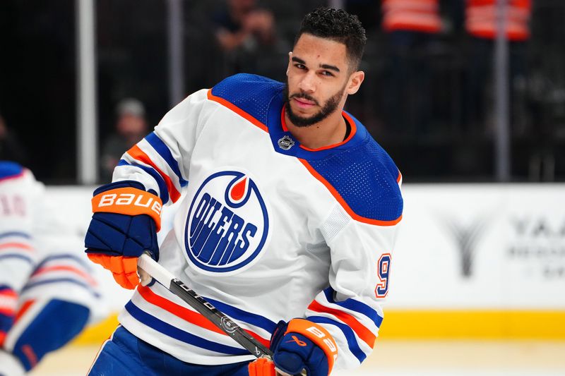 Feb 6, 2024; Las Vegas, Nevada, USA; Edmonton Oilers left wing Evander Kane (91) warms up before a game against the Vegas Golden Knights at T-Mobile Arena. Mandatory Credit: Stephen R. Sylvanie-USA TODAY Sports