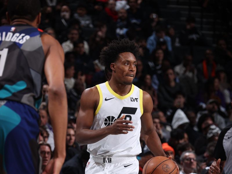 BROOKLYN, NY - JANUARY 29: Colin Sexton #2 of the Utah Jazz dribbles the ball during the game against the Brooklyn Nets on January 29, 2024 at Barclays Center in Brooklyn, New York. NOTE TO USER: User expressly acknowledges and agrees that, by downloading and or using this Photograph, user is consenting to the terms and conditions of the Getty Images License Agreement. Mandatory Copyright Notice: Copyright 2024 NBAE (Photo by Nathaniel S. Butler/NBAE via Getty Images)