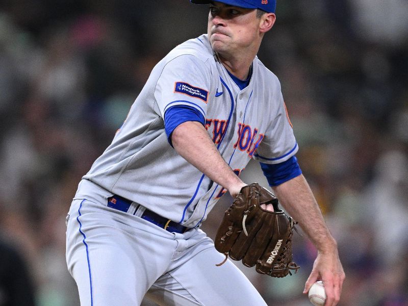 Jul 7, 2023; San Diego, California, USA; New York Mets relief pitcher Brooks Raley (25) throws a pitch against the San Diego Padres during the seventh inning at Petco Park. Mandatory Credit: Orlando Ramirez-USA TODAY Sports