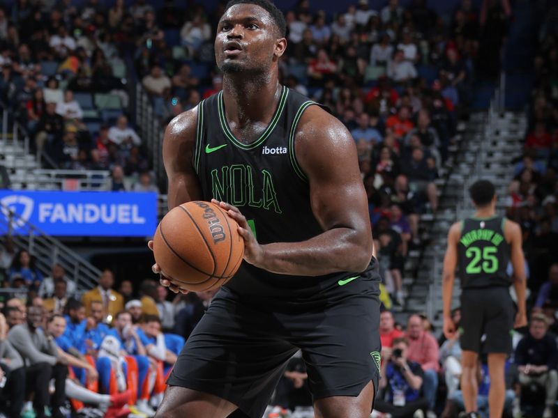 NEW ORLEANS, LA - MARCH 26: Zion Williamson #1 of the New Orleans Pelicans shoots a free throw during the game on March 26, 2024 at the Smoothie King Center in New Orleans, Louisiana. NOTE TO USER: User expressly acknowledges and agrees that, by downloading and or using this Photograph, user is consenting to the terms and conditions of the Getty Images License Agreement. Mandatory Copyright Notice: Copyright 2024 NBAE (Photo by Jonathan Bachman/NBAE via Getty Images)