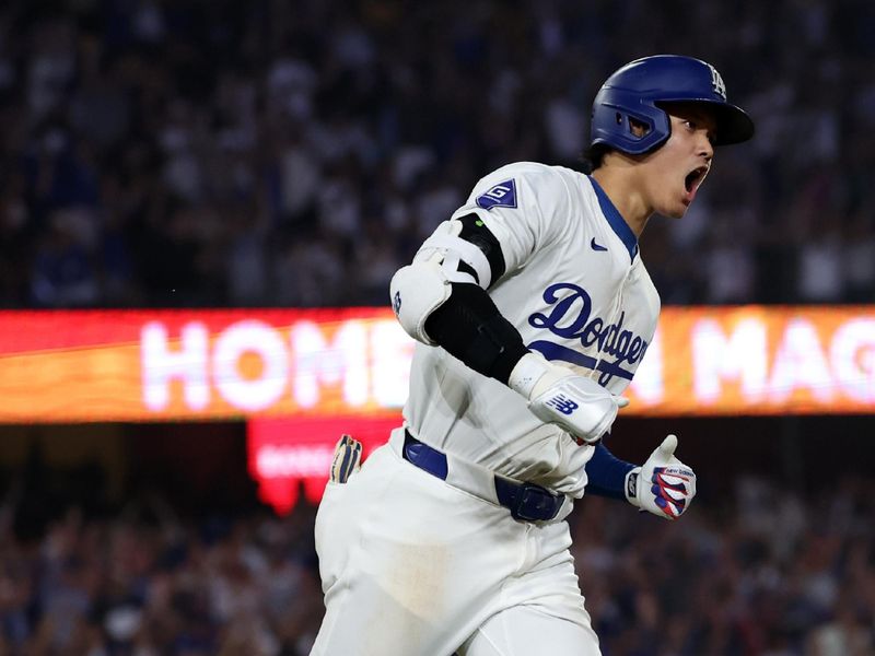 Jul 2, 2024; Los Angeles, California, USA;  Los Angeles Dodgers designated hitter Shohei Ohtani (17) reacts after hitting a two-run home run during the seventh inning against the Arizona Diamondbacks at Dodger Stadium. Mandatory Credit: Kiyoshi Mio-USA TODAY Sports