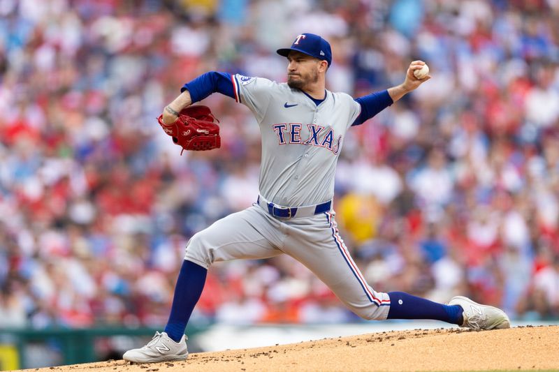 May 23, 2024; Philadelphia, Pennsylvania, USA; Texas Rangers pitcher Andrew Heaney (44) throws a pitch during the first inning against the Philadelphia Phillies at Citizens Bank Park. Mandatory Credit: Bill Streicher-USA TODAY Sports