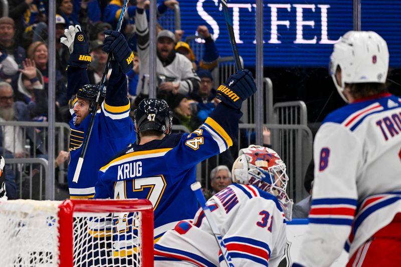Jan 11, 2024; St. Louis, Missouri, USA;  St. Louis Blues left wing Brandon Saad (20) reacts after scoring against New York Rangers goaltender Igor Shesterkin (31) during the second period at Enterprise Center. Mandatory Credit: Jeff Curry-USA TODAY Sports
