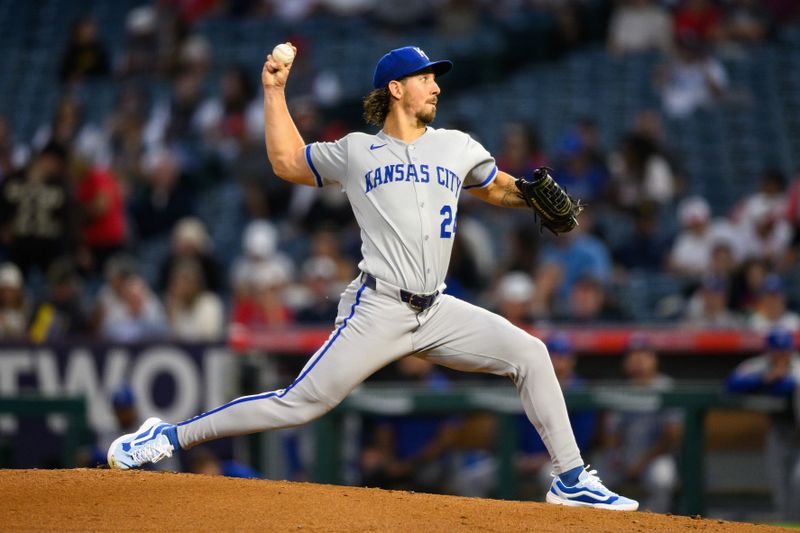 Sep 25, 2025; Anaheim, California, USA; Kansas City Royals starting pitcher Michael Lorenzen (24) delivers during the first inning against the Los Angeles Angels at Angel Stadium. Mandatory Credit: William Liang-Imagn Images