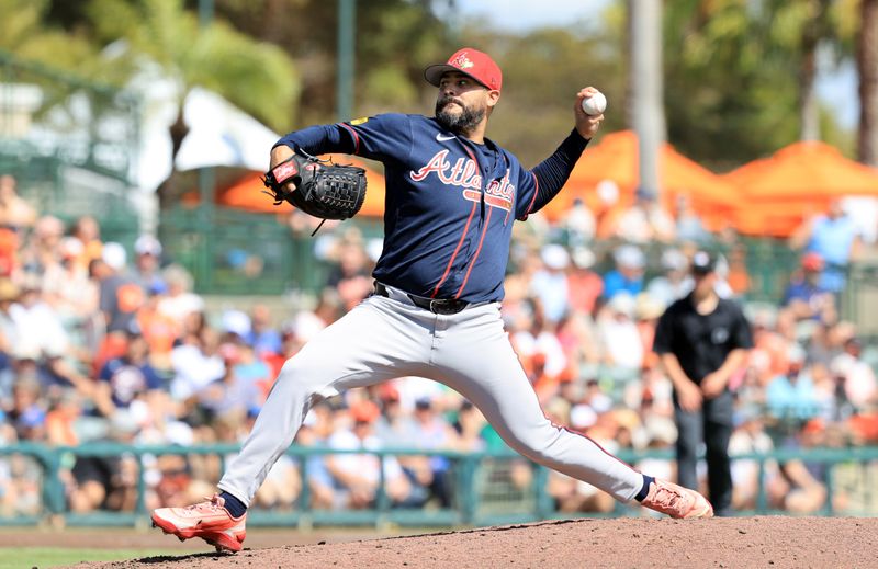 Feb 28, 2026; Sarasota, Florida, USA;  Atlanta Braves pitcher Martin Perez (70)  throws a pitch during the third inning against the Baltimore Orioles at Ed Smith Stadium. Mandatory Credit: Kim Klement Neitzel-Imagn Images