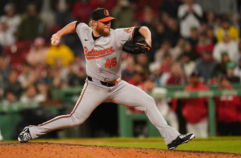 Apr 10, 2024; Boston, Massachusetts, USA; Baltimore Orioles pitcher Craig Kimbrel (46) throws a pitch against the Boston Red Sox in the ninth inning at Fenway Park. Mandatory Credit: David Butler II-USA TODAY Sports