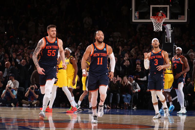 NEW YORK, NY - FEBRUARY 1: Jalen Brunson #11 of the New York Knicks reacts to a play during the game against the Indiana Pacers on February 1, 2024 at Madison Square Garden in New York City, New York.  NOTE TO USER: User expressly acknowledges and agrees that, by downloading and or using this photograph, User is consenting to the terms and conditions of the Getty Images License Agreement. Mandatory Copyright Notice: Copyright 2024 NBAE  (Photo by Nathaniel S. Butler/NBAE via Getty Images)