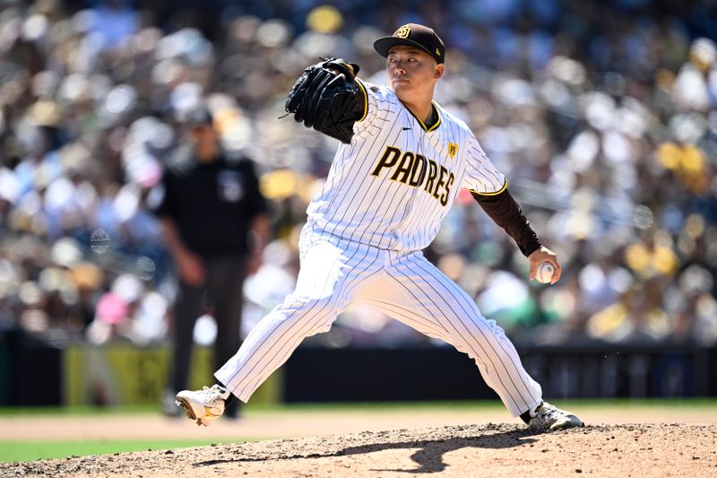 Jun 12, 2024; San Diego, California, USA; San Diego Padres relief pitcher Yuki Matsui (1) pitches against the Oakland Athletics during the seventh inning at Petco Park. Mandatory Credit: Orlando Ramirez-USA TODAY Sports