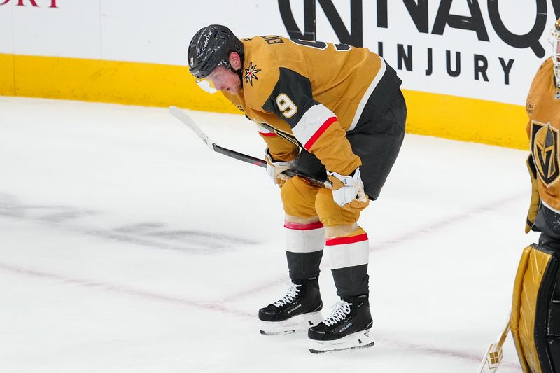 Jan 30, 2025; Las Vegas, Nevada, USA; Vegas Golden Knights center Jack Eichel (9) reacts after the Golden Knights were defeated by the Columbus Blue Jackets 2-1 during an overtime period at T-Mobile Arena. Mandatory Credit: Stephen R. Sylvanie-Imagn Images