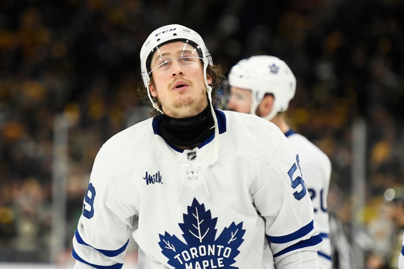 May 4, 2024; Boston, Massachusetts, USA; Toronto Maple Leafs left wing Tyler Bertuzzi (59) reacts after losing to the Boston Bruins in overtime in game seven of the first round of the 2024 Stanley Cup Playoffs at TD Garden. Mandatory Credit: Bob DeChiara-USA TODAY Sports