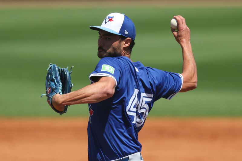 Mar 11, 2024; Port Charlotte, Florida, USA;  Toronto Blue Jays relief pitcher Mitch White (45) throws a pitch against the Tampa Bay Rays in the third inning at Charlotte Sports Park. Mandatory Credit: Nathan Ray Seebeck-USA TODAY Sports