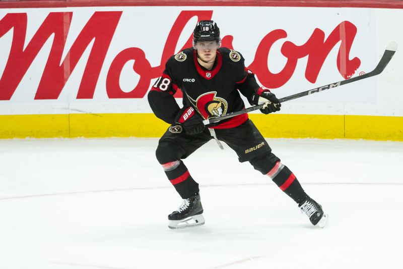Apr 13, 2025; Ottawa, Ontario, CAN; Ottawa Senators center Tim Stutzle (18) follows the puck in overtime against the Philadelphia Flyers at the Canadian Tire Centre. Mandatory Credit: Marc DesRosiers-Imagn Images