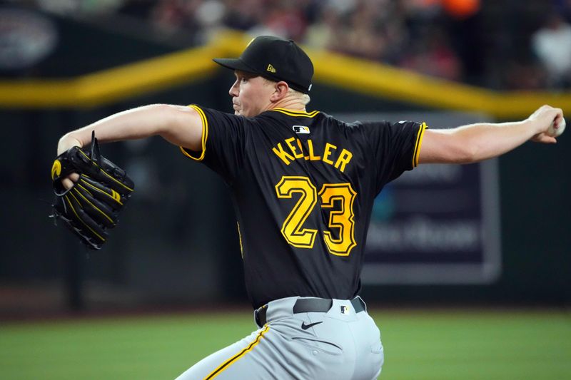 Jul 28, 2024; Phoenix, Arizona, USA; Pittsburgh Pirates pitcher Mitch Keller (23) pitches against the Arizona Diamondbacks during the first inning at Chase Field. Mandatory Credit: Joe Camporeale-USA TODAY Sports