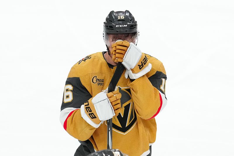 May 14, 2025; Las Vegas, Nevada, USA; Vegas Golden Knights left wing Pavel Dorofeyev (16) reacts after the Edmonton Oilers defeated the Vegas Golden Knights 1-0 during an overtime period, completing a 4-1 series win during game five of the second round of the 2025 Stanley Cup Playoffs at T-Mobile Arena. Mandatory Credit: Stephen R. Sylvanie-Imagn Images