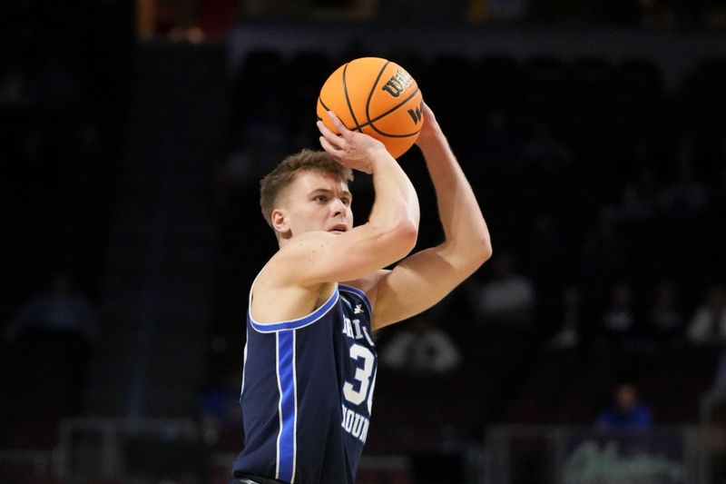 March 4, 2023; Las Vegas, NV, USA; Brigham Young Cougars guard Dallin Hall (30) shoots the basketball during the first half in the quarterfinals of the WCC Basketball Championships at Orleans Arena. Mandatory Credit: Kyle Terada-USA TODAY Sports