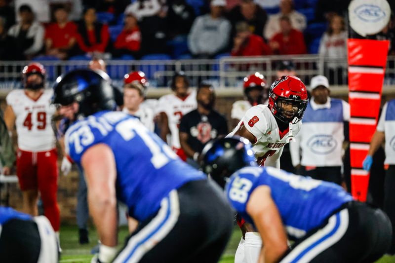 Oct 14, 2023; Durham, North Carolina, USA; North Carolina State Wolfpack defensive back Robert Kennedy (8) looks on during the first half of the game against Duke Blue Devils at Wallace Wade Stadium. Mandatory Credit: Jaylynn Nash-USA TODAY Sports