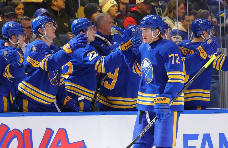 Dec 3, 2024; Buffalo, New York, USA;  Buffalo Sabres center Tage Thompson (72) celebrates his goal with teammates during the first period against the Colorado Avalanche at KeyBank Center. Mandatory Credit: Timothy T. Ludwig-Imagn Images