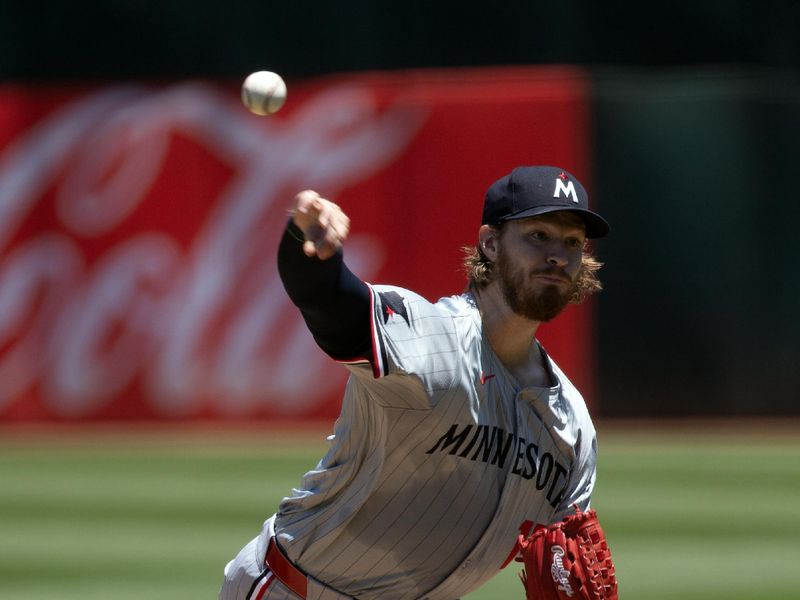 Jun 22, 2024; Oakland, California, USA; Minnesota Twins starting pitcher Bailey Ober (17) delivers a pitch against the Oakland Athletics during the first inning at Oakland-Alameda County Coliseum. Mandatory Credit: D. Ross Cameron-USA TODAY Sports