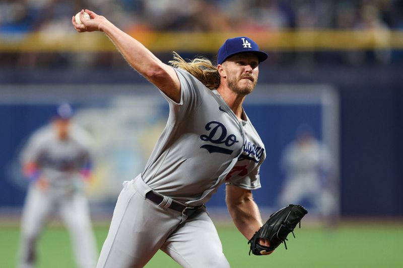 May 26, 2023; St. Petersburg, Florida, USA;  Los Angeles Dodgers starting pitcher Noah Syndergaard (43) throws a pitch against the Tampa Bay Rays in the second inning 3at Tropicana Field. Mandatory Credit: Nathan Ray Seebeck-USA TODAY Sports