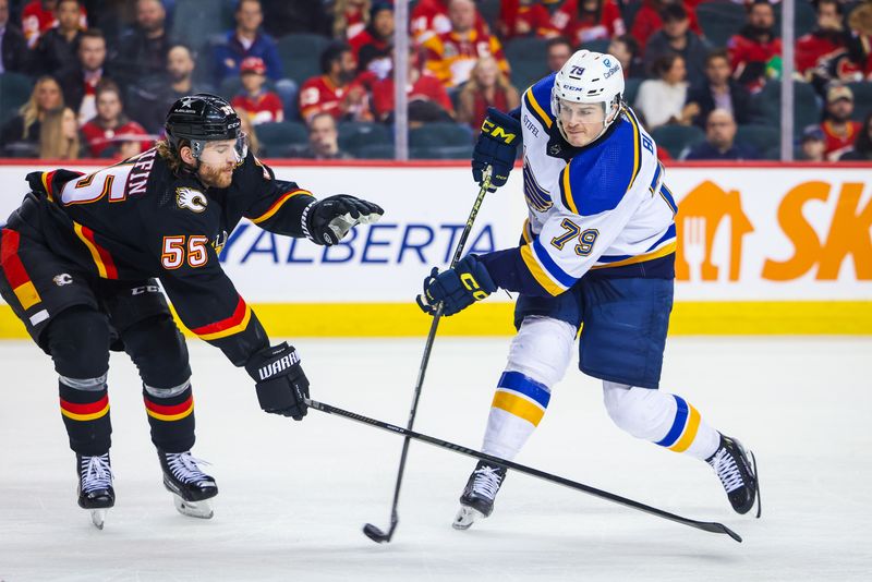 Jan 23, 2024; Calgary, Alberta, CAN; St. Louis Blues left wing Sammy Blais (79) shoots the puck against Calgary Flames defenseman Noah Hanifin (55) during the third period at Scotiabank Saddledome. Mandatory Credit: Sergei Belski-USA TODAY Sports