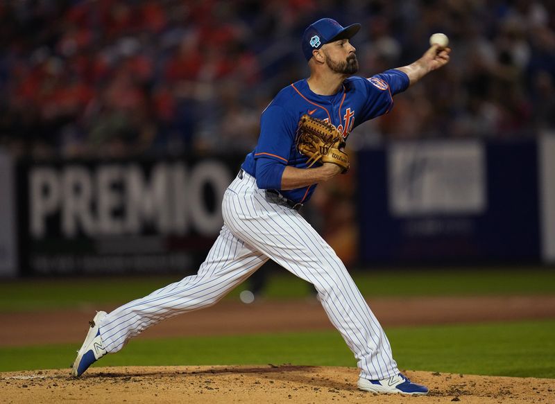 Feb 25, 2023; Port St. Lucie, Florida, USA;  New York Mets pitcher T. J. McFarland pitches against the Miami Marlins in the forth inning at Clover Park. Mandatory Credit: Jim Rassol-USA TODAY Sports