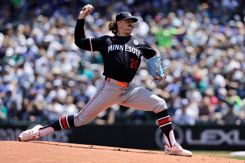 Jun 1, 2025; Seattle, Washington, USA; Minnesota Twins starting pitcher Chris Paddack (20) throws against the Seattle Mariners during the first inning at T-Mobile Park. Mandatory Credit: John Froschauer-Imagn Images