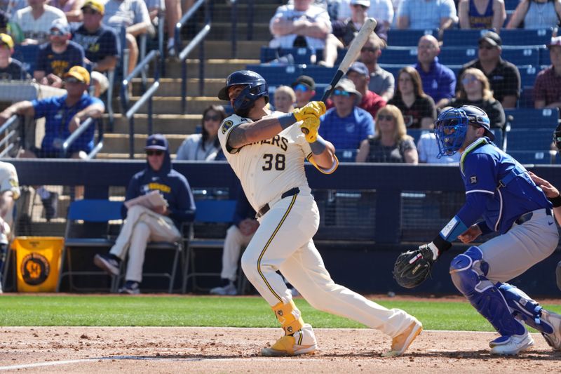 Feb 26, 2025; Phoenix, Arizona, USA; Milwaukee Brewers Jorge Alfaro hits an RBI double against the Los Angeles Dodgers during the second inning at American Family Fields of Phoenix. Mandatory Credit: Rick Scuteri-Imagn Images