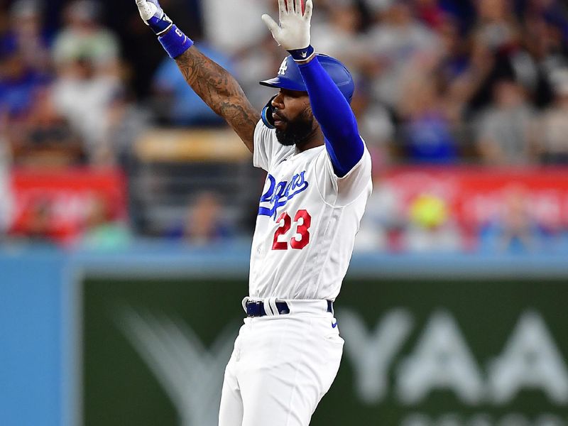 Aug 15, 2023; Los Angeles, California, USA; Los Angeles Dodgers right fielder Jason Heyward (23) reaches second on a double against the Milwaukee Brewers during the fifth inning at Dodger Stadium. Mandatory Credit: Gary A. Vasquez-USA TODAY Sports